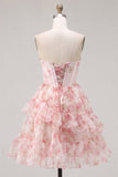 Espartilho cor-de-rosa cor-de-rosa A-Line Vestido de Regresso a Casa Floral com Folhos e Renda nas Costas