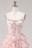 Espartilho cor-de-rosa cor-de-rosa A-Line Vestido de Regresso a Casa Floral com Folhos e Renda nas Costas
