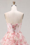 Espartilho cor-de-rosa cor-de-rosa A-Line Vestido de Regresso a Casa Floral com Folhos e Renda nas Costas