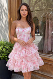 Espartilho cor-de-rosa cor-de-rosa A-Line Vestido de Regresso a Casa Floral com Folhos e Renda nas Costas
