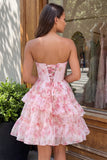 Espartilho cor-de-rosa cor-de-rosa A-Line Vestido de Regresso a Casa Floral com Folhos e Renda nas Costas