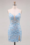 Espartilho azul-céu Sweetheart Floral Appliqued, vestido justo de finalistas com fenda e fenda