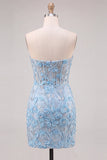 Espartilho azul-céu Sweetheart Floral Appliqued, vestido justo de finalistas com fenda e fenda