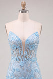 Espartilho azul-céu Sweetheart Floral Appliqued, vestido justo de finalistas com fenda e fenda