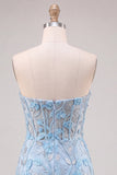 Espartilho azul-céu Sweetheart Floral Appliqued, vestido justo de finalistas com fenda e fenda
