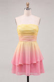 Vestido de Finalistas Amarelo e Cor-de-Rosa, Strapless A-Line Franzado, em Chiffon, em Piso