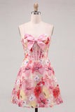 Corset floral cor-de-rosa com alças finas com alças finas com laço