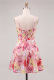 Corset floral cor-de-rosa com alças finas com alças finas com laço