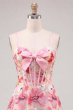 Corset floral cor-de-rosa com alças finas com alças finas com laço