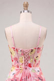 Corset floral cor-de-rosa com alças finas com alças finas com laço