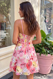 Corset floral cor-de-rosa com alças finas com alças finas com laço