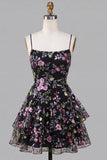 Vestido de regresso às costas pretas Linha A com alças finas, renda floral em camadas, com lantejoulas