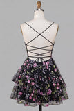 Vestido de regresso às costas pretas Linha A com alças finas, renda floral em camadas, com lantejoulas