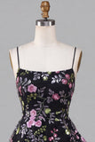 Vestido de regresso às costas pretas Linha A com alças finas, renda floral em camadas, com lantejoulas