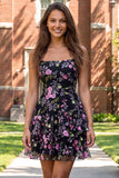 Vestido de regresso às costas pretas Linha A com alças finas, renda floral em camadas, com lantejoulas