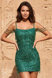 Vestido curto de regresso a casa com lantejoulas verde-escuras Short, ombro frio, com franjas