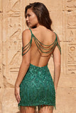 Vestido curto de regresso a casa com lantejoulas verde-escuras Short, ombro frio, com franjas