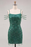 Vestido curto de regresso a casa com lantejoulas verde-escuras Short, ombro frio, com franjas