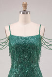 Vestido curto de regresso a casa com lantejoulas verde-escuras Short, ombro frio, com franjas