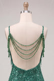 Vestido curto de regresso a casa com lantejoulas verde-escuras Short, ombro frio, com franjas
