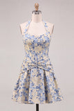Vestido de Finalista Azul Azul Luz, Espartilho A-Line Halter Jacquard Floral Corset