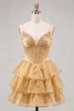 Vestido Curto de Finalistas, Corselado Dourado, Espartilho Dourado em Estafetas, com Renda nas Costas