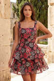 Vestido Curto de Regresso a Casa de Flores Vermelhas, decote quadrado, decote quadrado em camadas