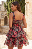 Vestido Curto de Regresso a Casa de Flores Vermelhas, decote quadrado, decote quadrado em camadas