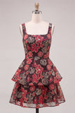 Vestido Curto de Regresso a Casa de Flores Vermelhas, decote quadrado, decote quadrado em camadas