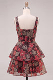 Vestido Curto de Regresso a Casa de Flores Vermelhas, decote quadrado, decote quadrado em camadas