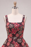 Vestido Curto de Regresso a Casa de Flores Vermelhas, decote quadrado, decote quadrado em camadas