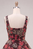 Vestido Curto de Regresso a Casa de Flores Vermelhas, decote quadrado, decote quadrado em camadas