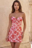 Sweetheart Red Corset Bodycon Floral Franzido Vestido Curto de Finalistas