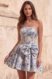 Espartilho Vermelho A-Line Strapless Jacquard Vestido Floral de Regresso a Casa com Laço