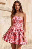 Espartilho Vermelho A-Line Strapless Jacquard Vestido Floral de Regresso a Casa com Laço