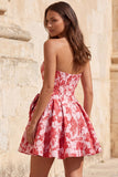 Espartilho Vermelho A-Line Strapless Jacquard Vestido Floral de Regresso a Casa com Laço