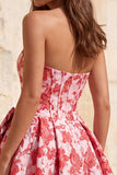 Espartilho Vermelho A-Line Strapless Jacquard Vestido Floral de Regresso a Casa com Laço