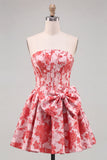 Espartilho Vermelho A-Line Strapless Jacquard Vestido Floral de Regresso a Casa com Laço