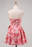 Espartilho Vermelho A-Line Strapless Jacquard Vestido Floral de Regresso a Casa com Laço