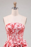 Espartilho Vermelho A-Line Strapless Jacquard Vestido Floral de Regresso a Casa com Laço