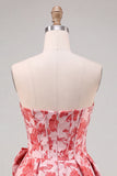 Espartilho Vermelho A-Line Strapless Jacquard Vestido Floral de Regresso a Casa com Laço