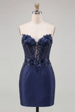 Espartilho azul-marinho Sweetheart Bodycon Floral Pagins Vestido Curto de Homecoming de Cetim