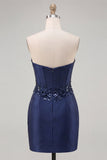 Espartilho azul-marinho Sweetheart Bodycon Floral Pagins Vestido Curto de Homecoming de Cetim