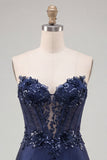 Espartilho azul-marinho Sweetheart Bodycon Floral Pagins Vestido Curto de Homecoming de Cetim