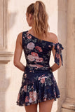 Vestido de Finalistas Pretos de Chiffon Linha A com Folhos de Um Ombro