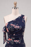 Vestido de Finalistas Pretos de Chiffon Linha A com Folhos de Um Ombro