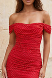 Ombro descoberto, Bodycon Vermelho Franzido, Atacador Nas Costas, Vestido Curto de Boas-Vindas