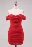 Ombro descoberto, Bodycon Vermelho Franzido, Atacador Nas Costas, Vestido Curto de Boas-Vindas