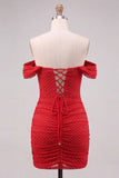 Ombro descoberto, Bodycon Vermelho Franzido, Atacador Nas Costas, Vestido Curto de Boas-Vindas