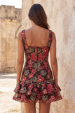 Vestido de Finalistas Curto de Finalistas, Flor Vermelha, Decote Bateau, Justo e Folhos